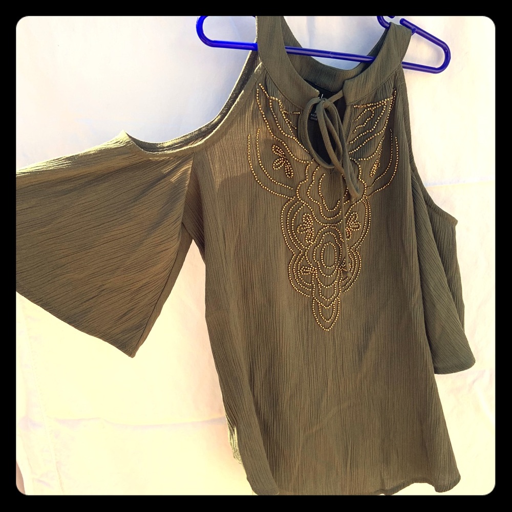 Olive green shirt; open shoulder; size x-small
